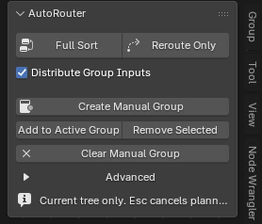 The AutoRouter panel in the Blender Node Editor N-sidebar
