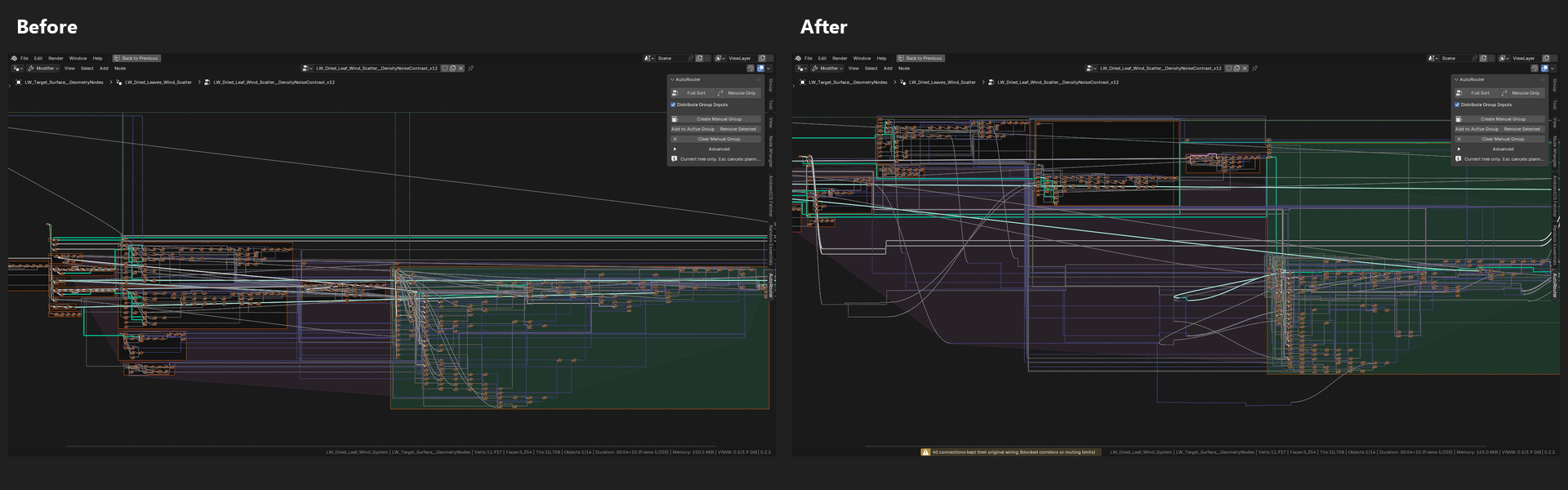 Before and after overview of the 432-node Geometry Nodes tree