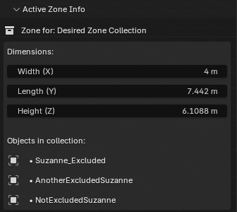 The Active Zone Info panel showing the zone's collection, dimensions, and contained objects