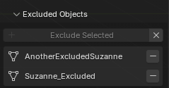 The Excluded Objects list in the sidebar showing several excluded objects