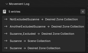 The Movement Log panel showing recent object collection reassignment entries