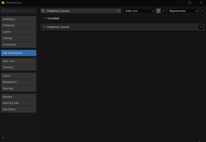 Blender Preferences Extensions window with Collection Zones installed