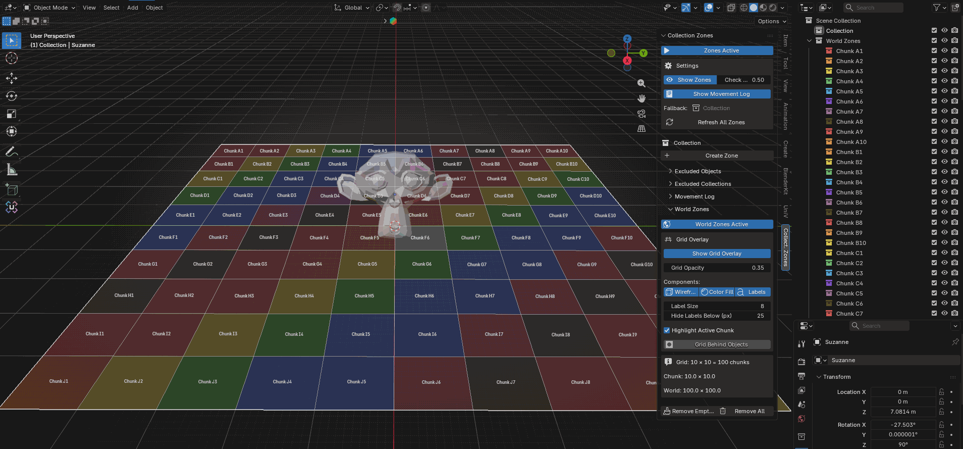 Toggling grid overlay components such as wireframe, color fill, labels, and active chunk highlight