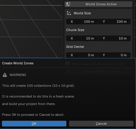 World Zones configuration fields before generating the chunk grid