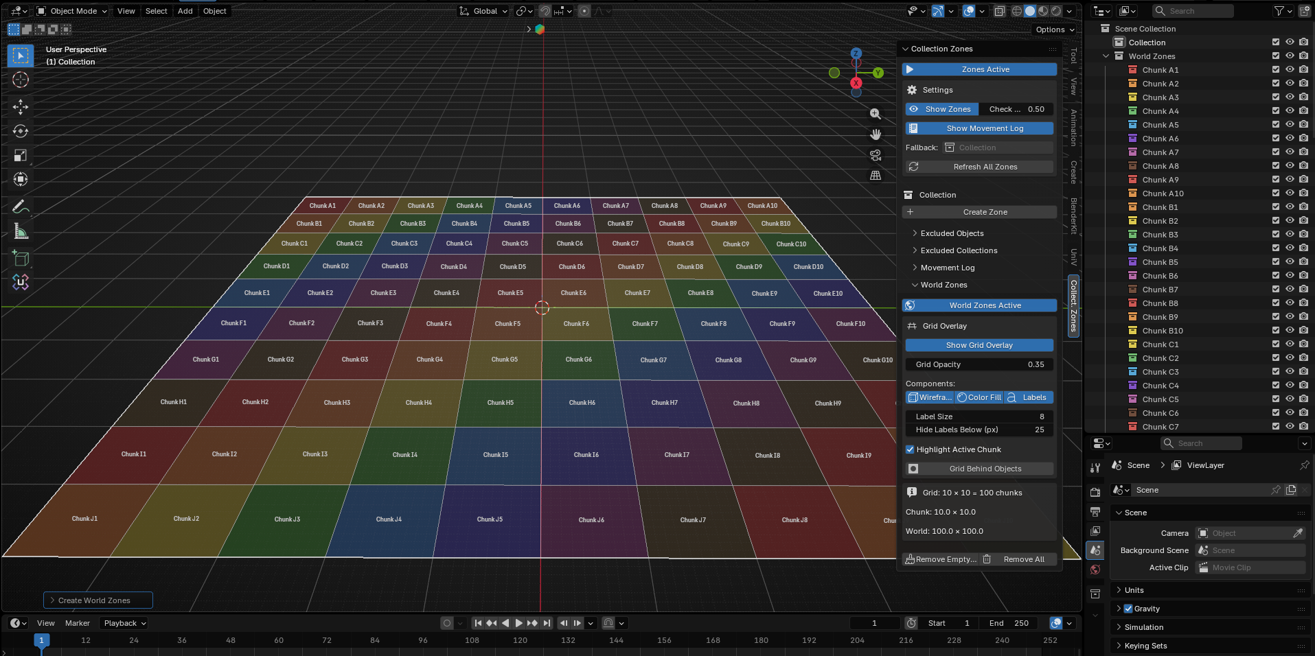 World Zones chunk grid displayed in the Blender 3D Viewport