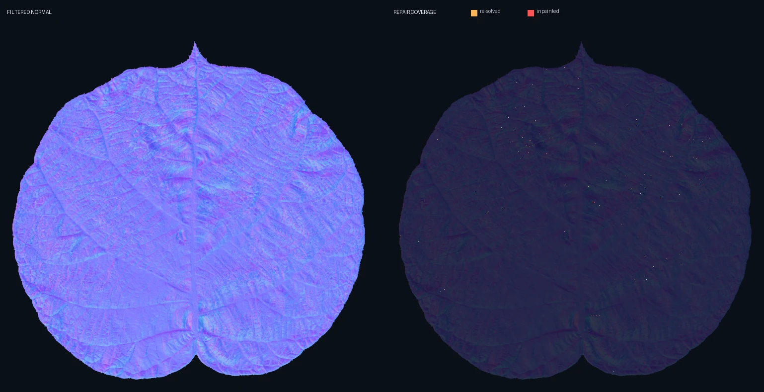 Filtered kiwi normal map beside its repair coverage map