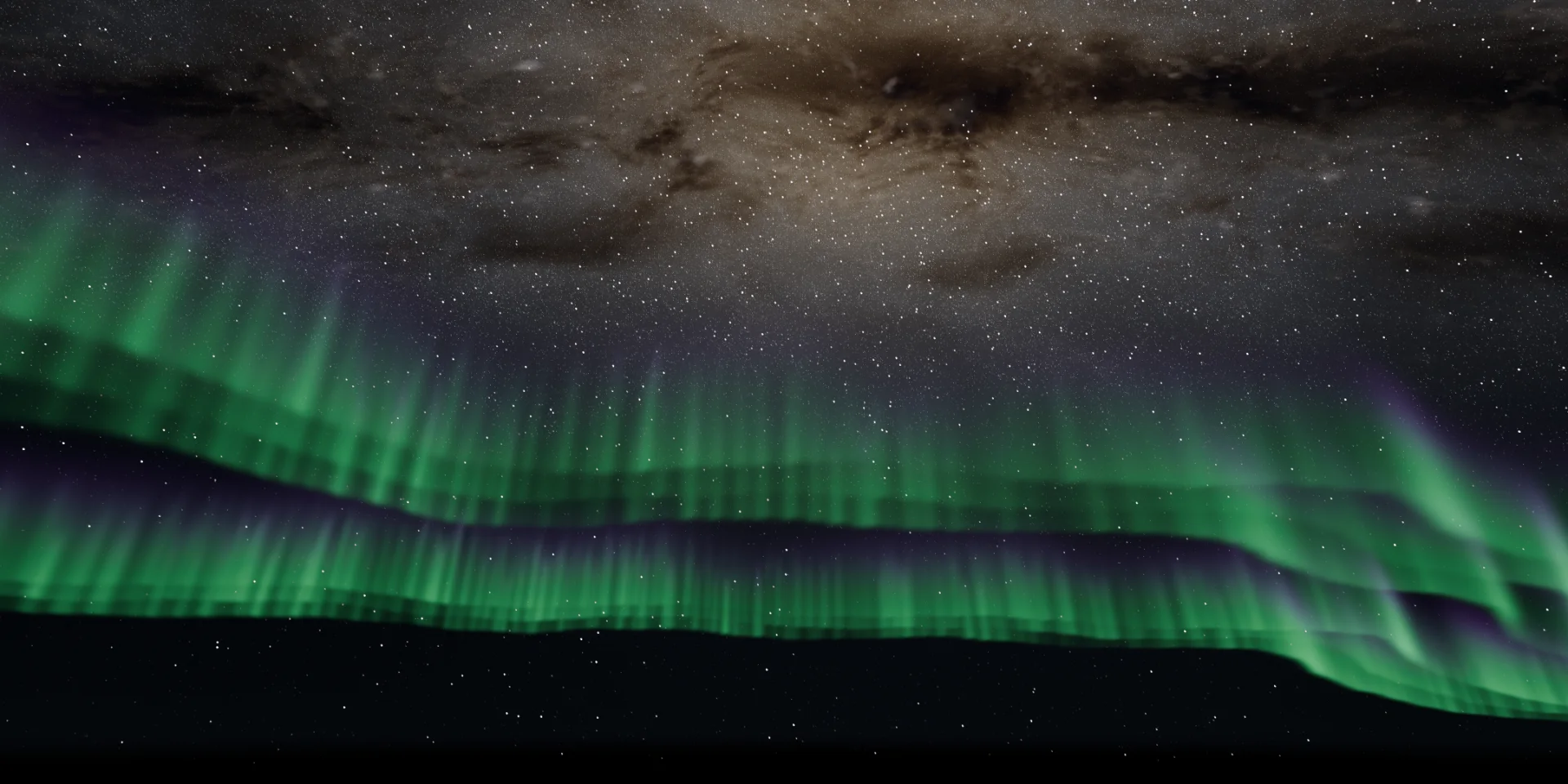 Northern Lights preset: green and violet aurora curtains under the Milky Way