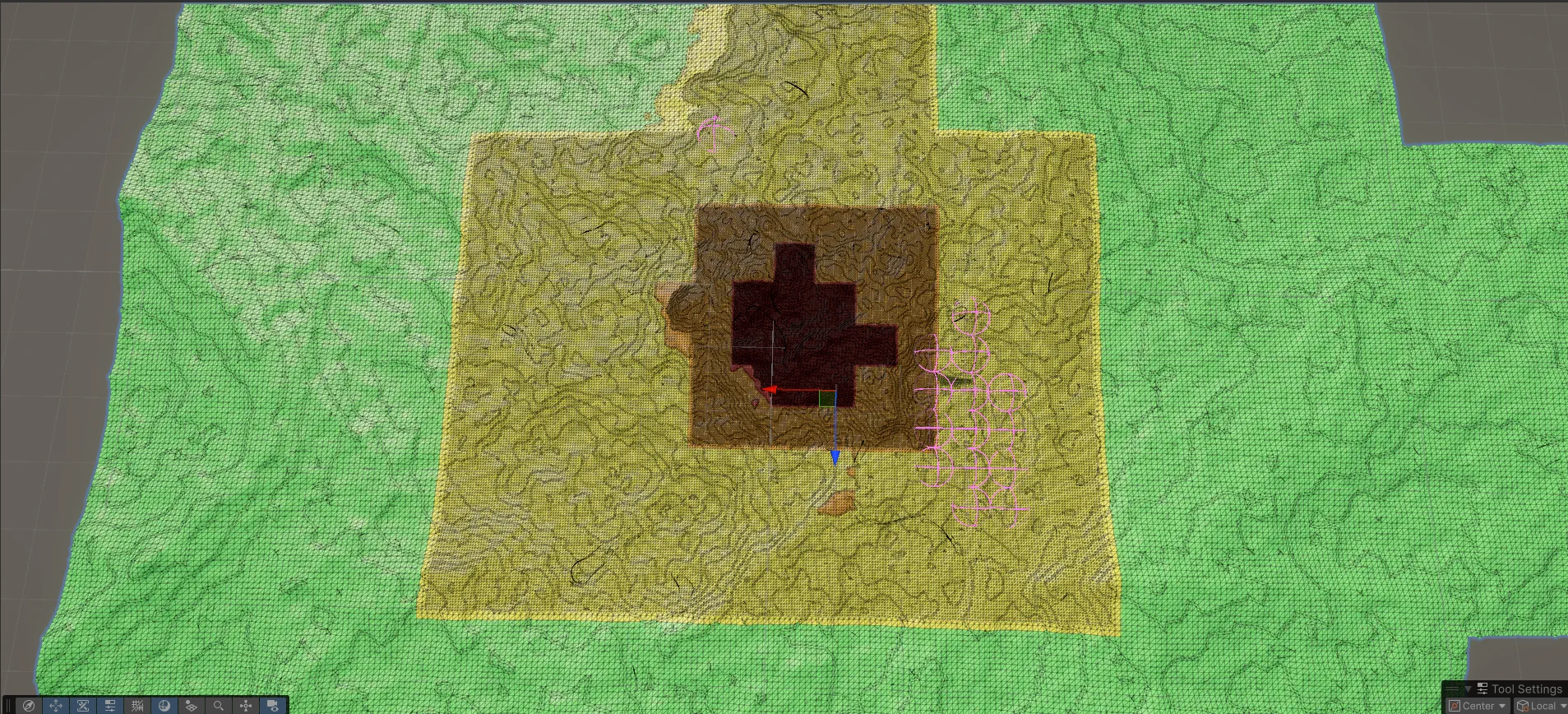 MarchingWorld Surface Nets terrain with color-coded levels of detail