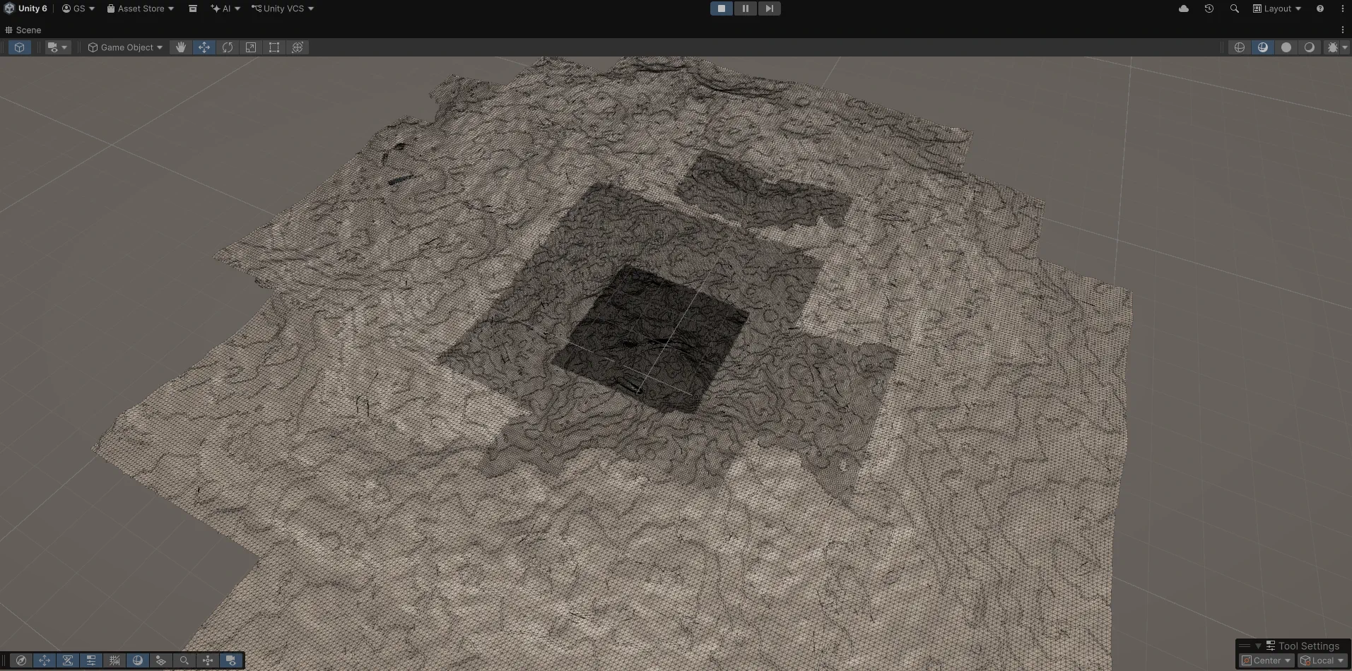 Neutral Unity wireframe overview of Surface Nets terrain with several concentric levels of detail
