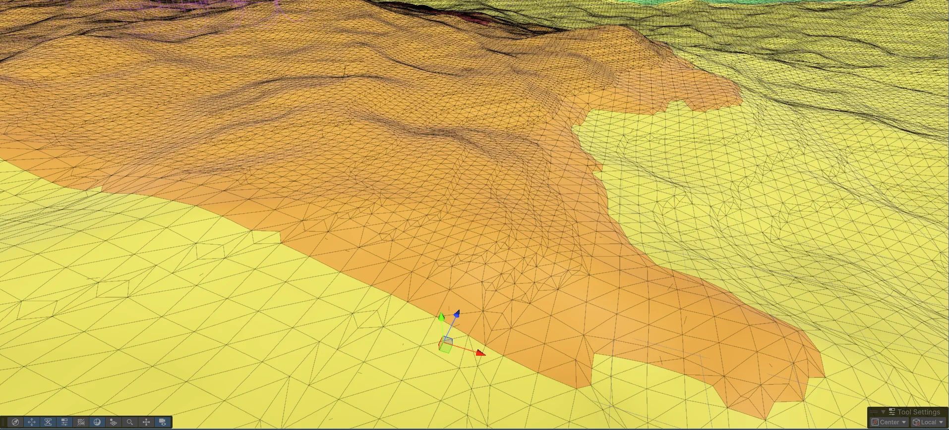 Color-coded close wireframe view separating fine and coarse Surface Nets chunks at an LOD transition