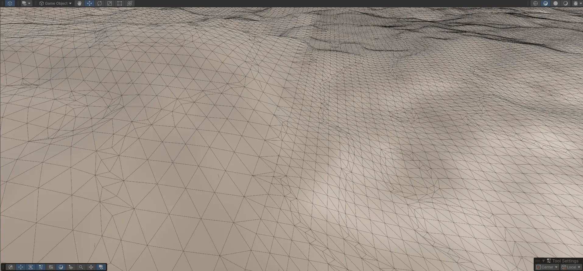 Neutral close wireframe view of a watertight Surface Nets transition between fine and coarse terrain chunks