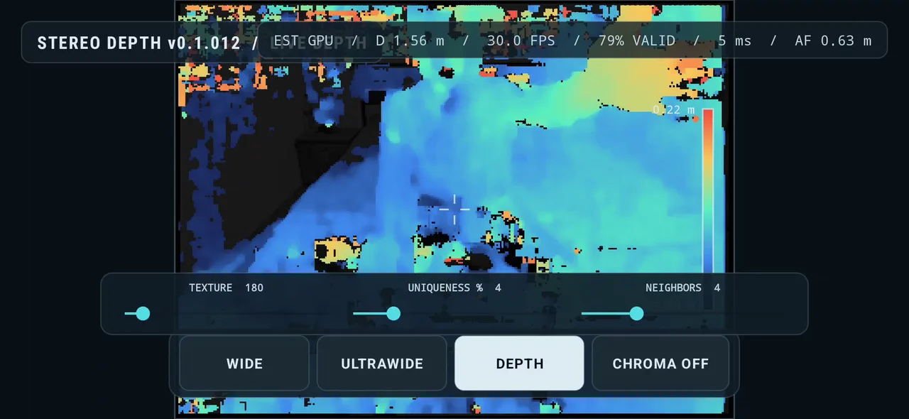 Live colorized metric depth reconstructed from concurrent wide and ultrawide camera streams