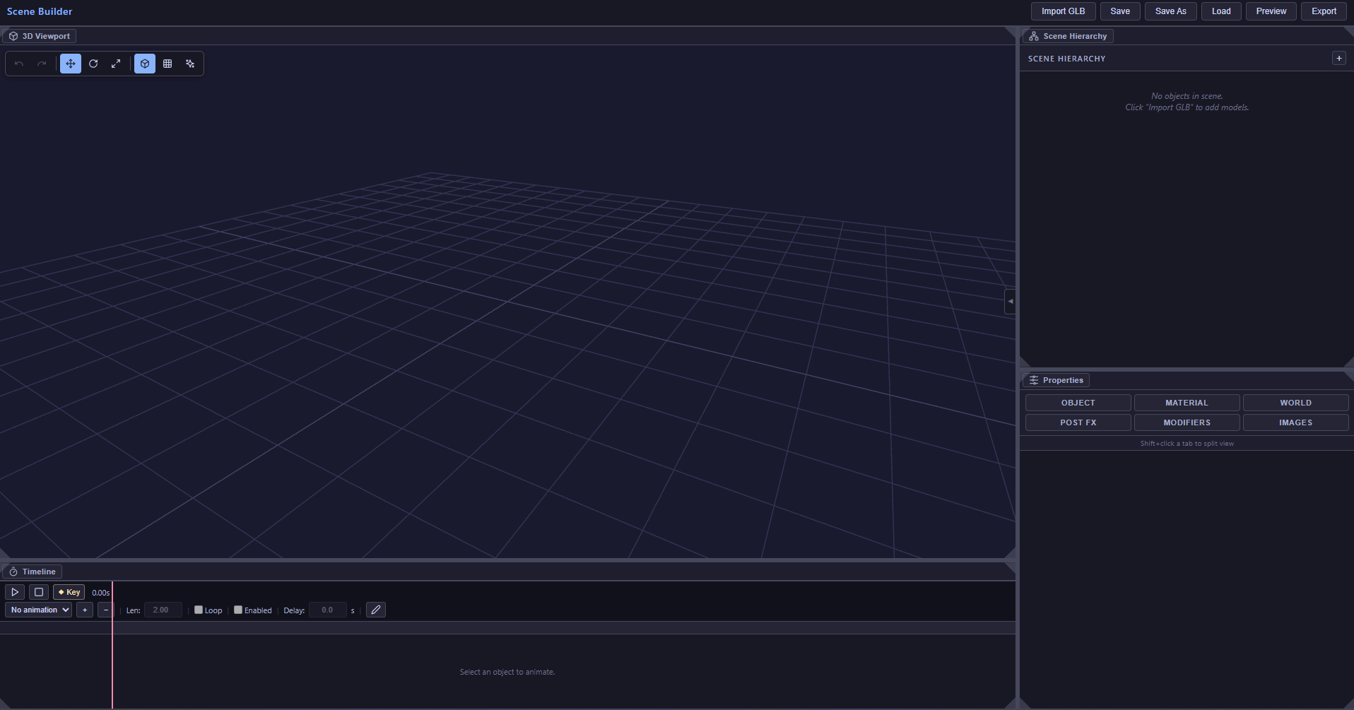 Scene Builder at launch with an empty 3D viewport, empty Scene Hierarchy, Properties panel, and Timeline