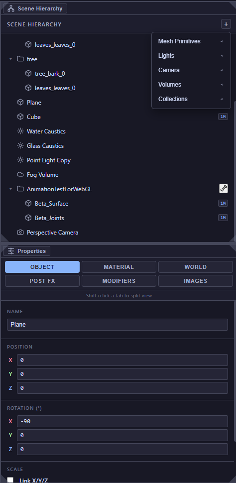 Scene Hierarchy listing mixed object types including tree mesh groups, a plane, a cube, water and glass caustic lights, a fog volume, a Mixamo animation rig, and a perspective camera; Properties panel shows object transform fields