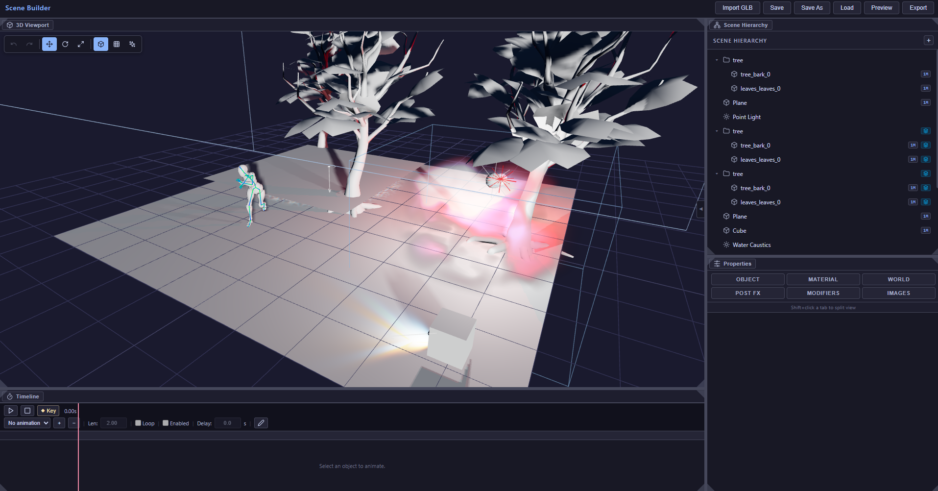 3D viewport solid view of the feature test scene showing two tree models, an animated Mixamo character rig, and coloured point lights casting glow on a reflective floor plane