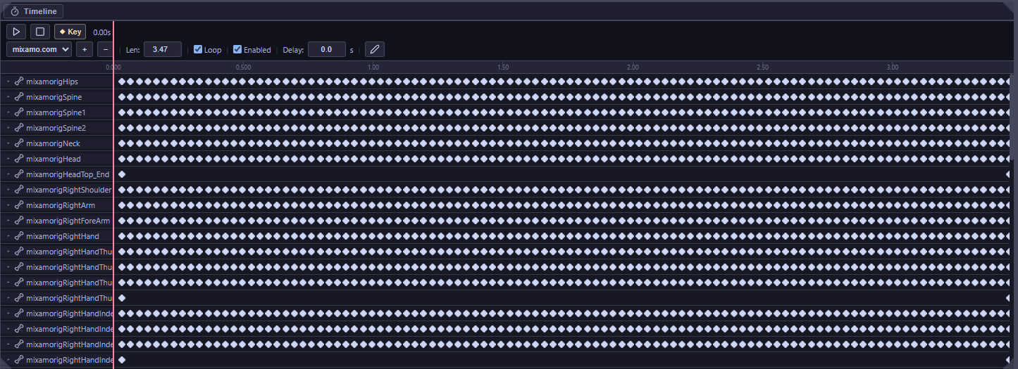 Animation timeline showing dense keyframe tracks across all 650 bones of a 3.47-second looping Mixamo character animation