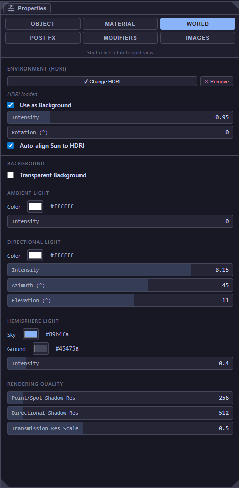 World settings panel with a loaded HDRI, directional and ambient light controls, hemisphere light, and shadow resolution setting