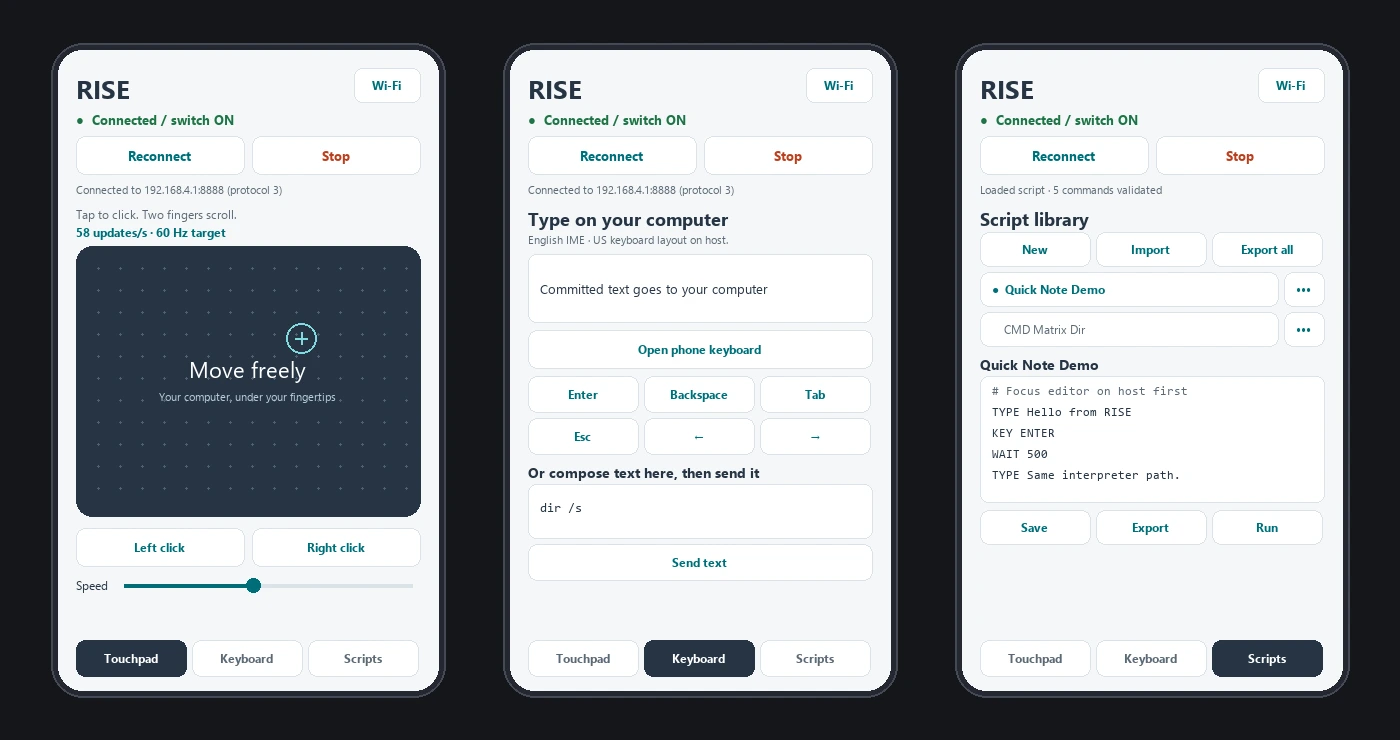 Three screens of the RISE Control Android app showing the Touchpad tab with a 60 Hz dot-grid canvas, the Keyboard tab with IME forwarding and special key buttons, and the Script library tab with saved scripts and a monospace command editor.