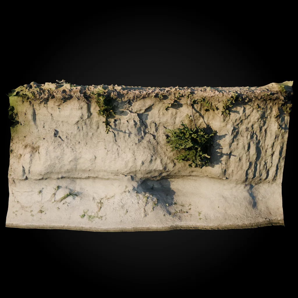 Eroded Riverbank Cliff — Scanned erosion, exposed soil, and vegetation along a natural riverbank.