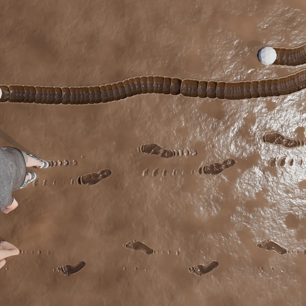 Interactive Mud — Deformable mud with footprints, persistent trails, and displaced edges.