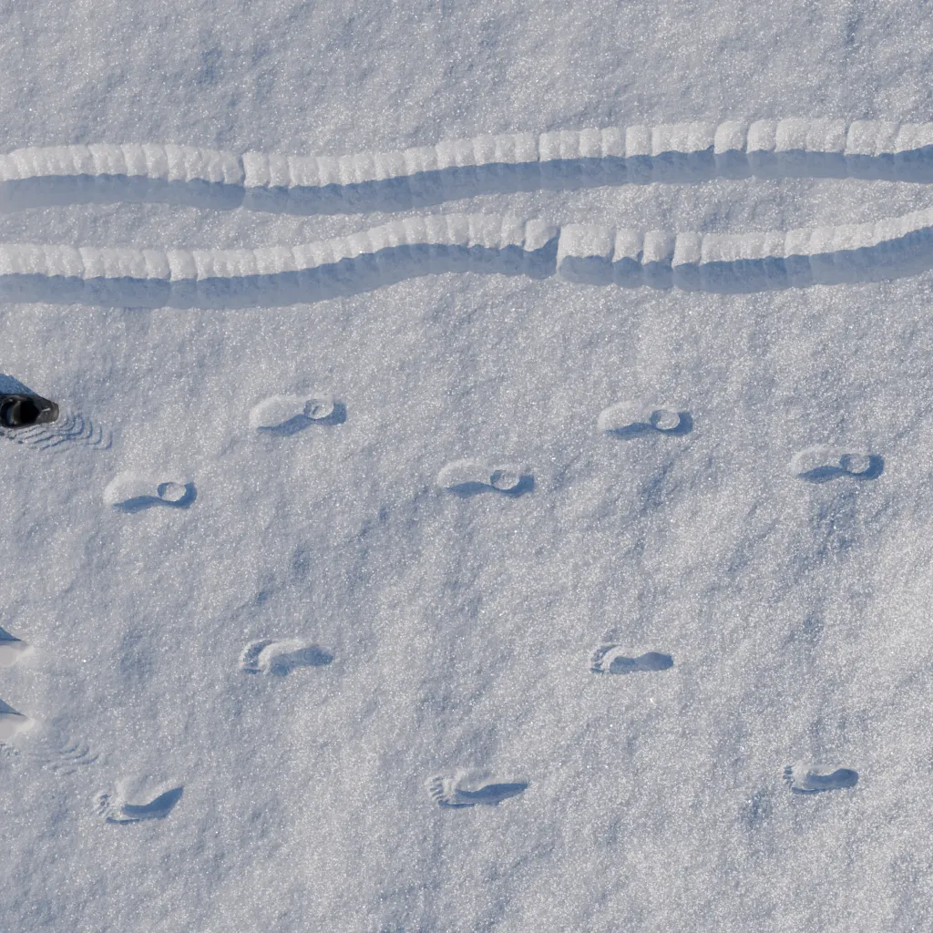 Interactive Snow — Responsive snow with impressions, trails, and adjustable surface recovery.