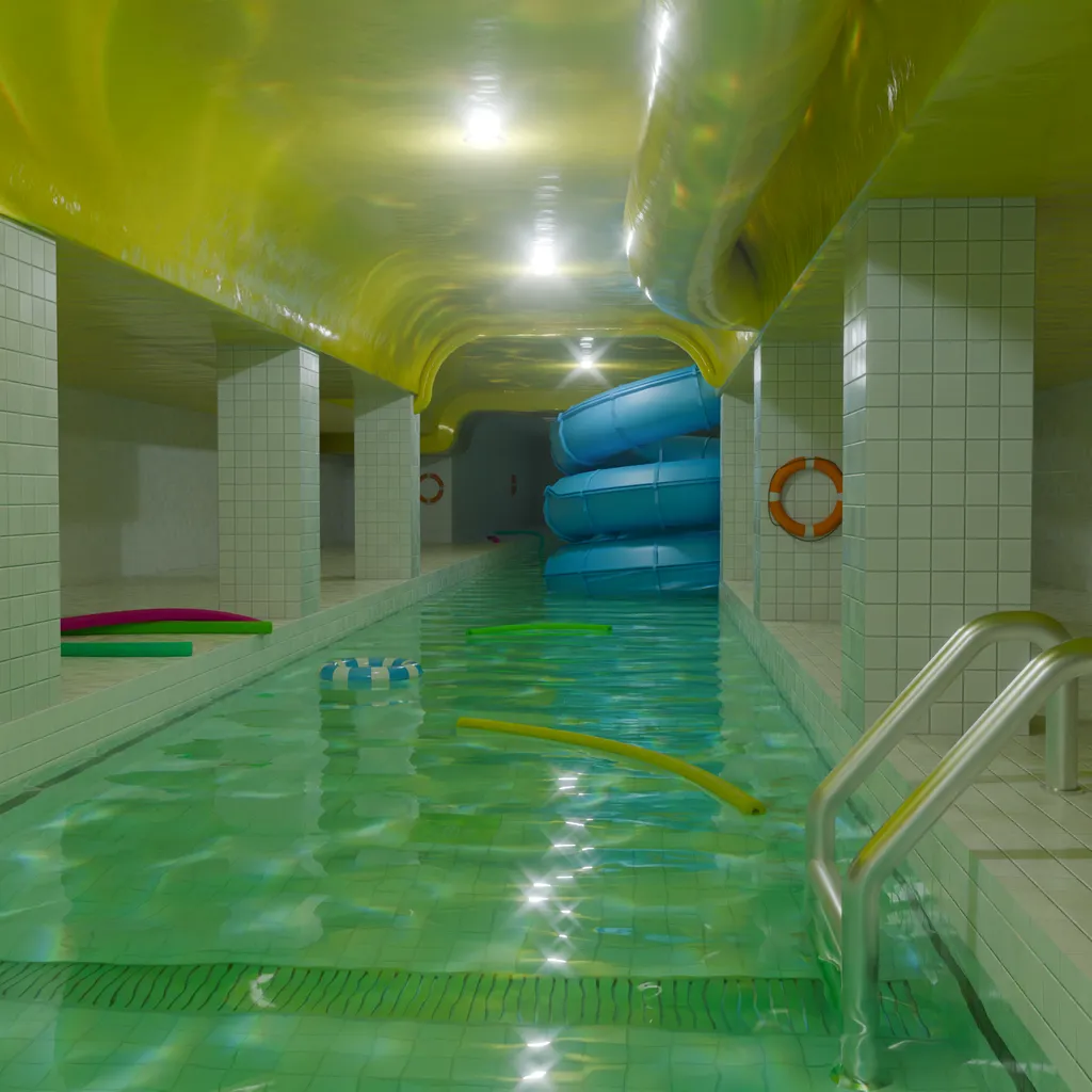 Liminal Space Pool — A surreal pool environment with yellow ceilings, tiled columns, and reflective water.