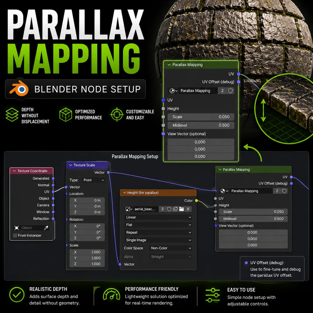 Parallax Mapping — A reusable shader setup that adds apparent surface depth without true displacement.