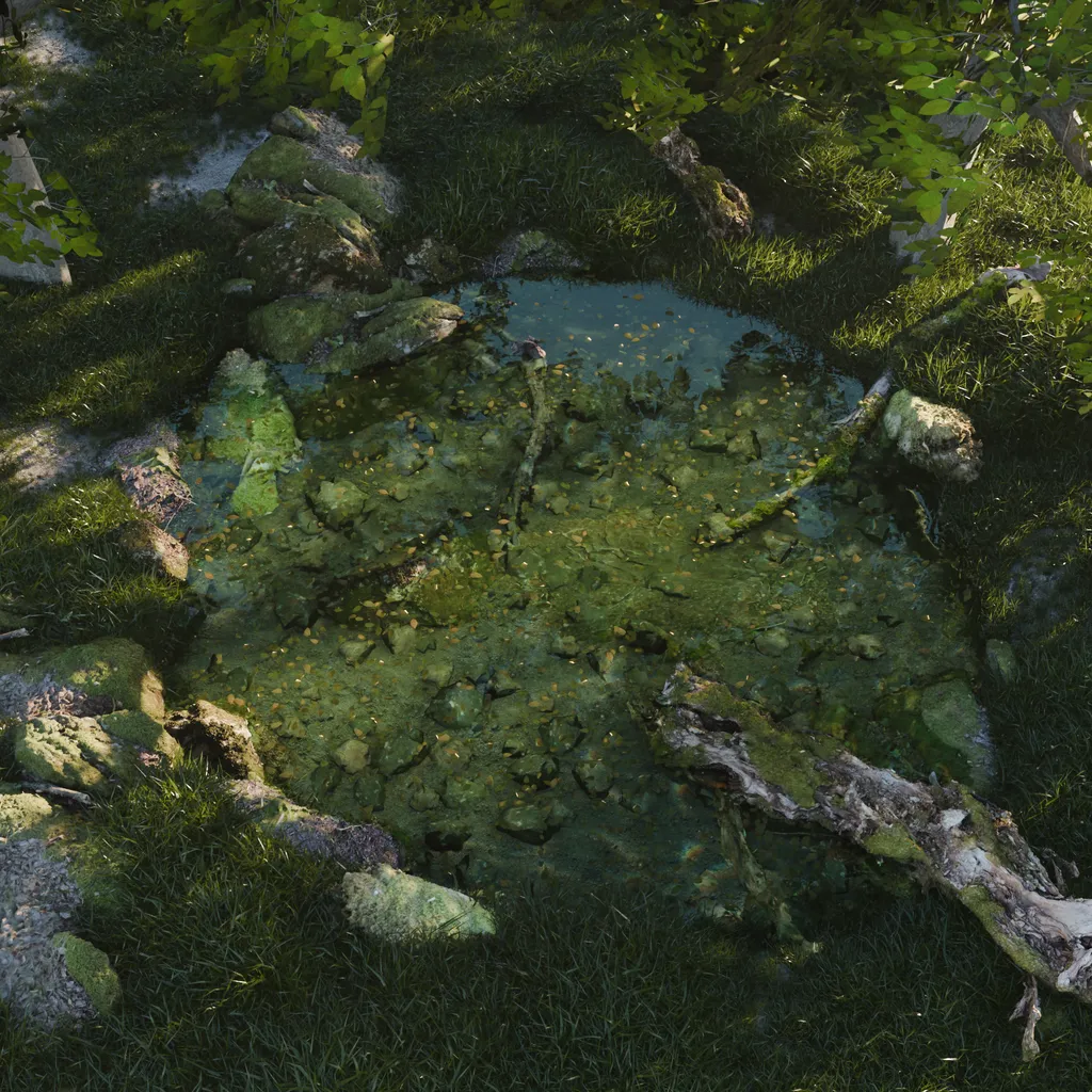 Pond In Forest — Scanned forest details, animated leaves, and procedural grass around a quiet pond.