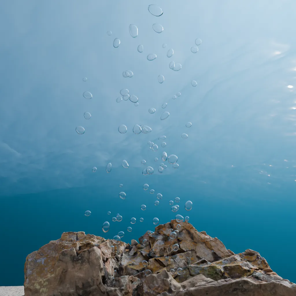 Underwater Bubbles Effect — Buoyant bubble streams with turbulence, obstacle collisions, and surface popping.