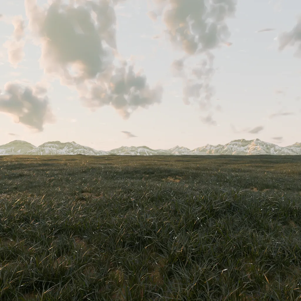 Windy Grass Field — An animated grass landscape beneath a procedural volumetric cloud dome.